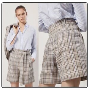 Massimo Dutti Beige Plaid High-Waisted Shorts